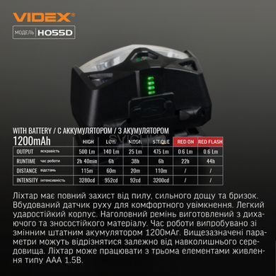 Налобний світлодіодний ліхтарик VIDEX 500Lm 5000K
