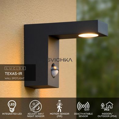 Настенный точечный светильник Lucide TEXAS-IR Indoor/Outdoor LED 1x7W 3000K IP54 Motion & Day/Night Sensor Anthracite