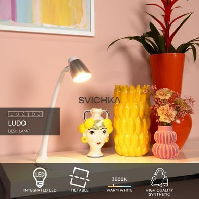 Настільна лампа Lucide LUDO LED 1x4,5W 3000K White, WHITE, Білий, Сріблястий, Сріблястий