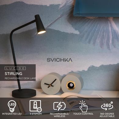 Аккумуляторная настольная лампа Lucide STIRLING Battery pack/batteries LED Dim. 1x3W 2700K Black