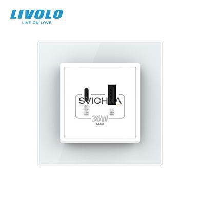 Розетка USB-A та USB-C з Power Delivery 36W Livolo білий скло (VL-C7FCUA18W.UC18W-2WP)