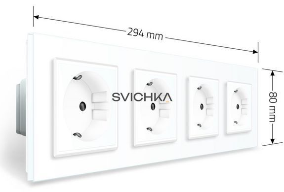 Чотиримісна електрична розетка з заземленням LIVOLO, біла, скляна рамка, шторки, 250В 16А (VL-C7C4EU-11)