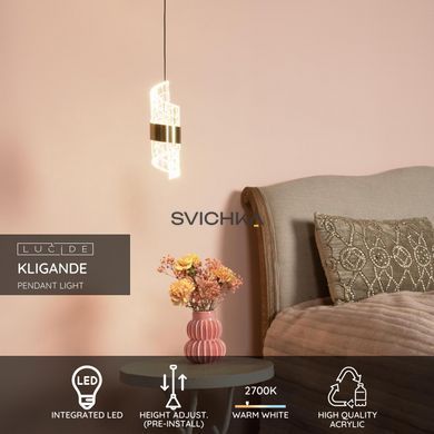 Підвісний світильник Lucide KLIGANDE &Oslash; 13 cm LED 1x9W 2700K Matt Gold / Brass, Matt Gold / Brass, Прозорий, Matt Gold / Brass