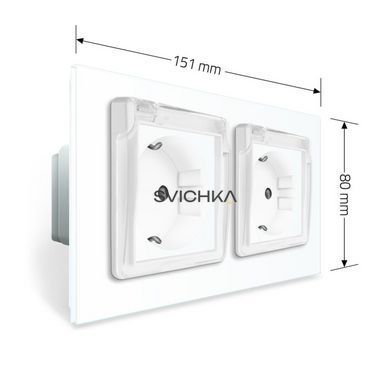Подвійна електрична розетка вологозахисна з кришкою IP44 з заземленням, LIVOLO, біла, скляна рамка, шторки, 250В 16А (VL-C7C2EUWF-11)