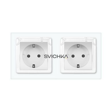 Подвійна електрична розетка вологозахисна з кришкою IP44 з заземленням, LIVOLO, біла, скляна рамка, шторки, 250В 16А (VL-C7C2EUWF-11)
