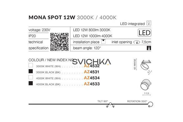 Врезной точечный светильник Azzardo MONA SPOT 12W 3000K
