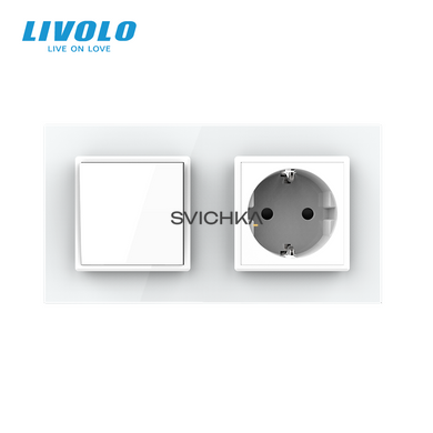 Одноклавішний вимикач з розеткою Livolo білий скло (VL-C7C1EUK1-11)