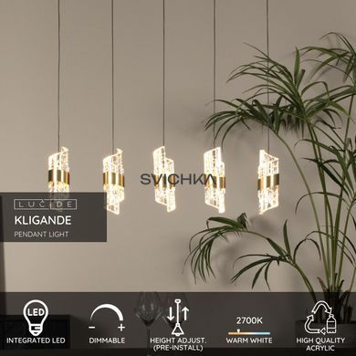 Підвісний світильник Lucide KLIGANDE LED Dim. 5x7,8W 2700K Matt Gold / Brass, Matt Gold / Brass, Прозорий, Matt Gold / Brass