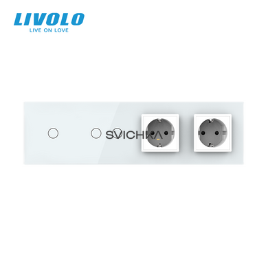 Сенсорний вимикач 3 сенсора (1-2) 2 розетки Livolo білий скло (VL-C701/C702/C7C2EU-11)