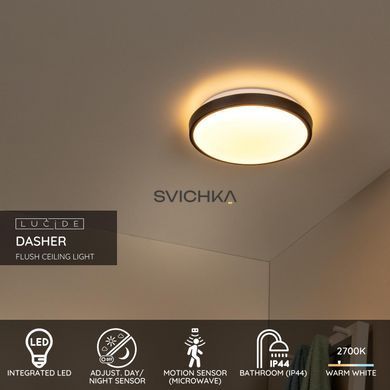 Стельовий світильник для ванної Lucide DASHER &Oslash; 29,3 cm LED 1x12W 2700K IP44 Motion & Day/Night Sensor Black, BLACK