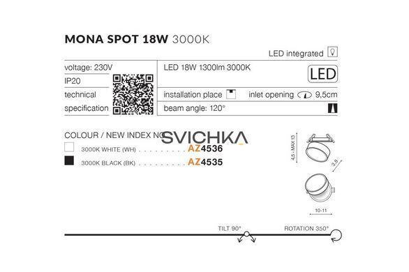 Врезной точечный светильник Azzardo MONA SPOT 18W 3000K