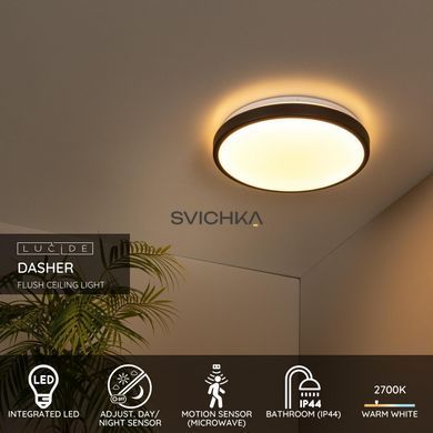 Стельовий світильник для ванної Lucide DASHER &Oslash; 34,8 cm LED 1x18W 2700K IP44 Motion & Day/Night Sensor Black, BLACK