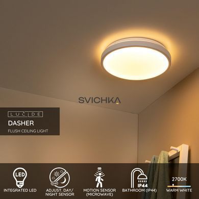 Стельовий світильник для ванної Lucide DASHER &Oslash; 34,8 cm LED 1x18W 2700K IP44 Motion & Day/Night Sensor White, WHITE