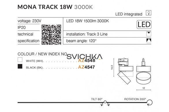 Трековий світильник Azzardo MONA TRACK 3LINE 18W 3000K, White