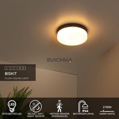 Стельовий світильник для ванної Lucide BISKIT &Oslash; 28 cm LED 1x18W 2700K IP44 Motion & Day/Night Sensor Black, BLACK