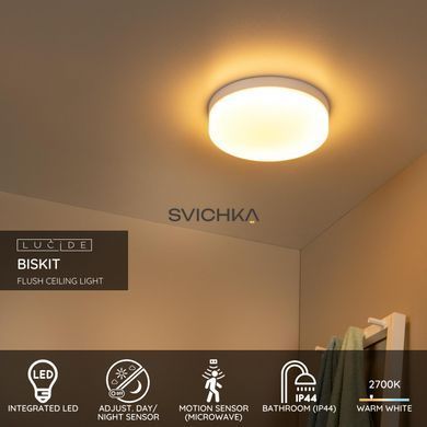 Потолочный светильник для ванной Lucide BISKIT &Oslash; 28 cm LED 1x18W 2700K IP44 Motion & Day/Night Sensor White