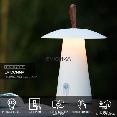 Аккумуляторная настольная лампа для дома и улицы Lucide LA DONNA Battery pack/batteries &Oslash; 19,7 cm LED Dim. 1x2W 2700K IP54 White