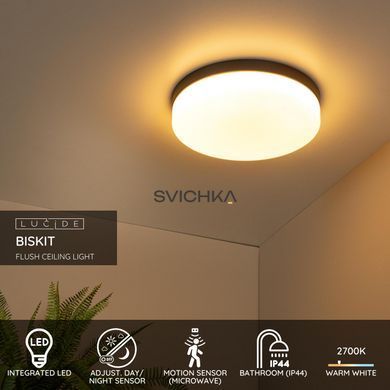Стельовий світильник для ванної Lucide BISKIT &Oslash; 34,5 cm LED 1x24W 2700K IP44 Motion & Day/Night Sensor Black, BLACK