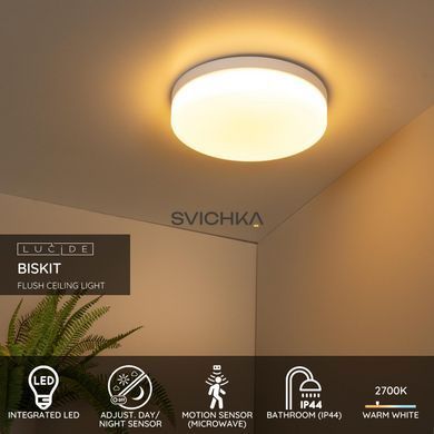 Стельовий світильник для ванної Lucide BISKIT &Oslash; 34,5 cm LED 1x24W 2700K IP44 Motion & Day/Night Sensor White, WHITE