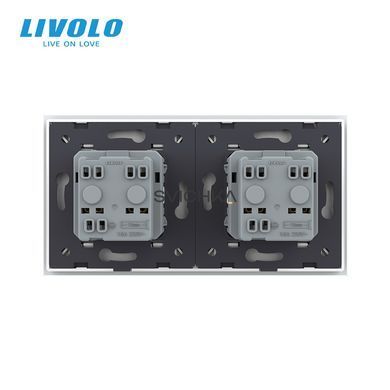Подвійна електрична розетка з заземленням LIVOLO, біла, скляна рамка, шторки, 250В 16А (VL-C7C2EU-11)