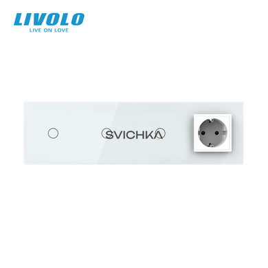 Сенсорний вимикач 3 сенсора (1-1-1) 1 розетка Livolo білий скло (VL-C703/C7C1EU-11)