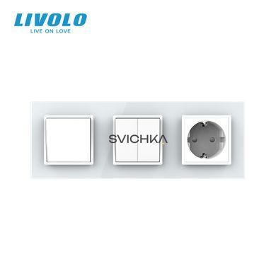 Трьохклавішний вимикач (1-2) з розеткою Livolo білий скло (VL-C7K1/K2/FCTC16A-6WP)