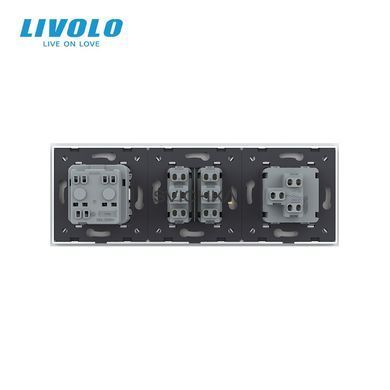 Трьохклавішний вимикач (1-2) з розеткою Livolo білий скло (VL-C7K1/K2/FCTC16A-6WP)