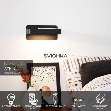 Бра Lucide ATKIN LED 1x6W 3000K With USB charging point Black, BLACK