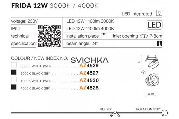 Врізний точковий світильник Azzardo FRIDA 12W 4000K, White