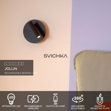 Аккумуляторный бра Lucide JOLIJN Battery pack/batteries &Oslash; 10,2 cm LED 1x2W 3000K Magnetic Black