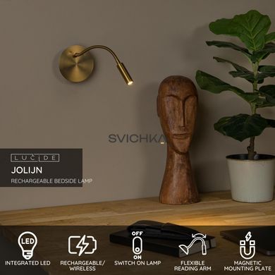 Аккумуляторный бра Lucide JOLIJN Battery pack/batteries &Oslash; 11 cm LED 1x2W 3000K Magnetic Matt Gold / Brass